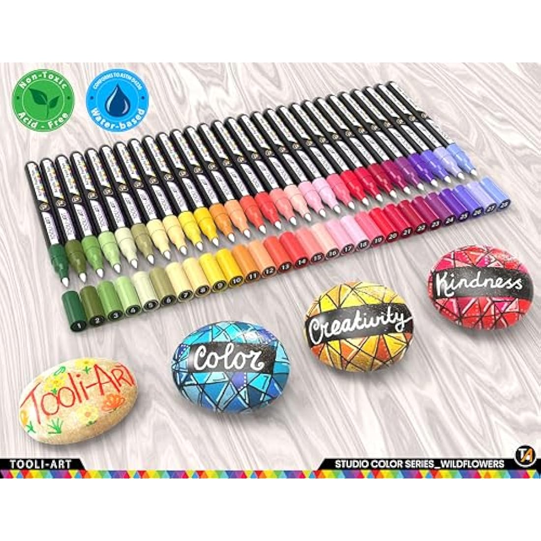 TOOLI-ART 28 Wildflower Acrylic Paint Pens Studio Colour Series Markers Set 0.7mm Extra Fine Tip, Rock Painting, Glass, Mugs, Wood, Metal, Canvas, DIY, Detailing. Non Toxic, Waterbased, Quick Drying