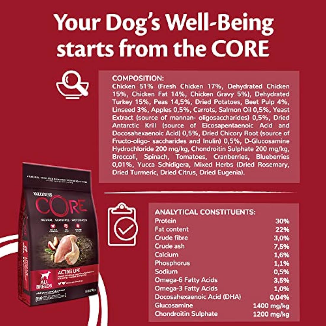 Wellness CORE Adult Active Life, 10kg, Chicken & Turkey, Dry Dog Food for All Dog Breeds, Grain-Free, High Meat Content, Protein-Rich, Supports Active Dogs & Lactating Bitches