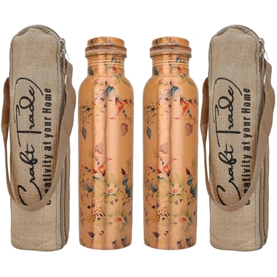 Craft Trade Printed Copper Bottle with Lid and Carry Bag for Drinking Water BPA Free Leak Proof Boosts Immunity, Supports Digestive & Liver Health 34oz - 1 Litre