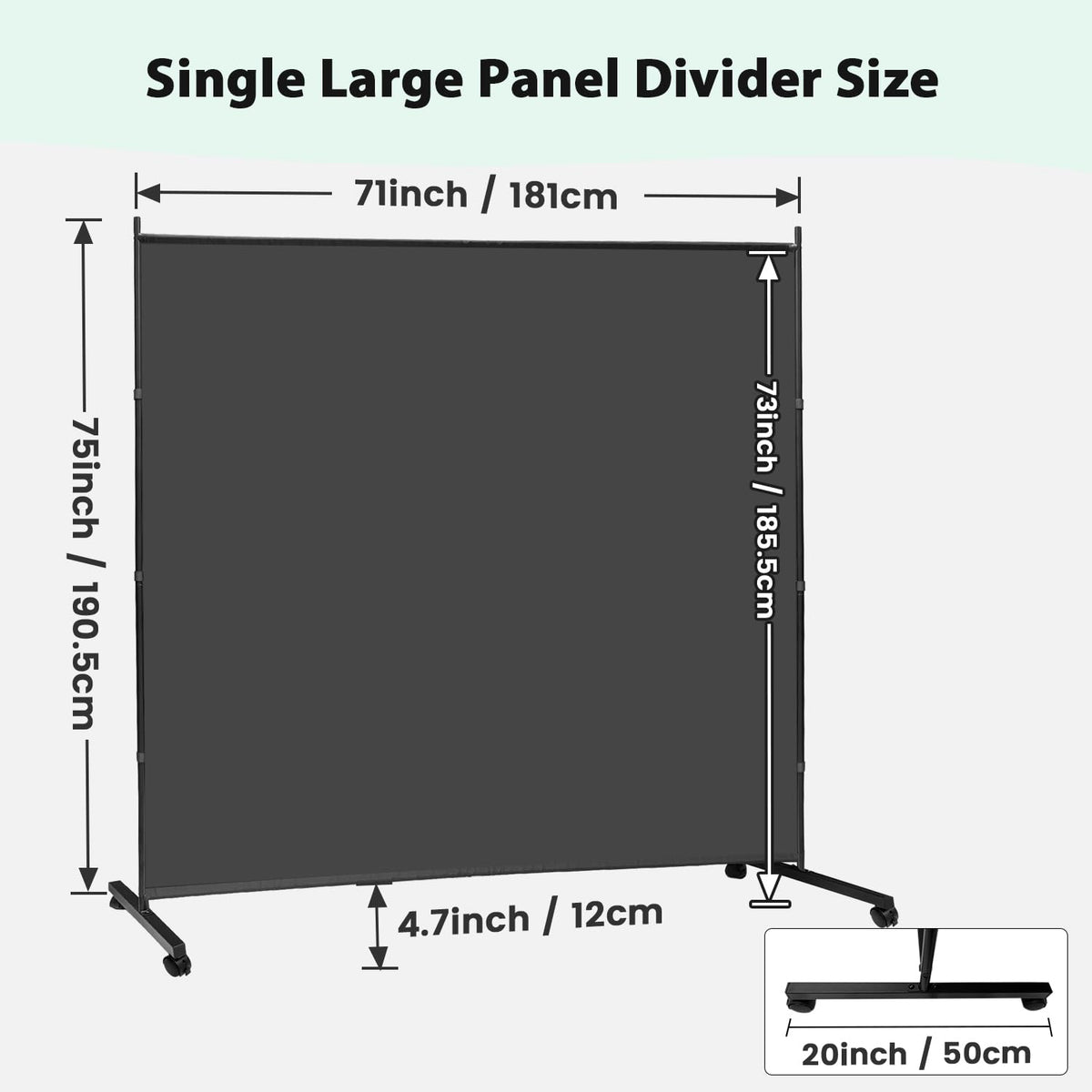 KEORTUN Single Large Room Divider Panel 180W x 190H cm Freestanding Privacy Screen Partition on Wheels for Office, Living Room and Bedroom, Grey