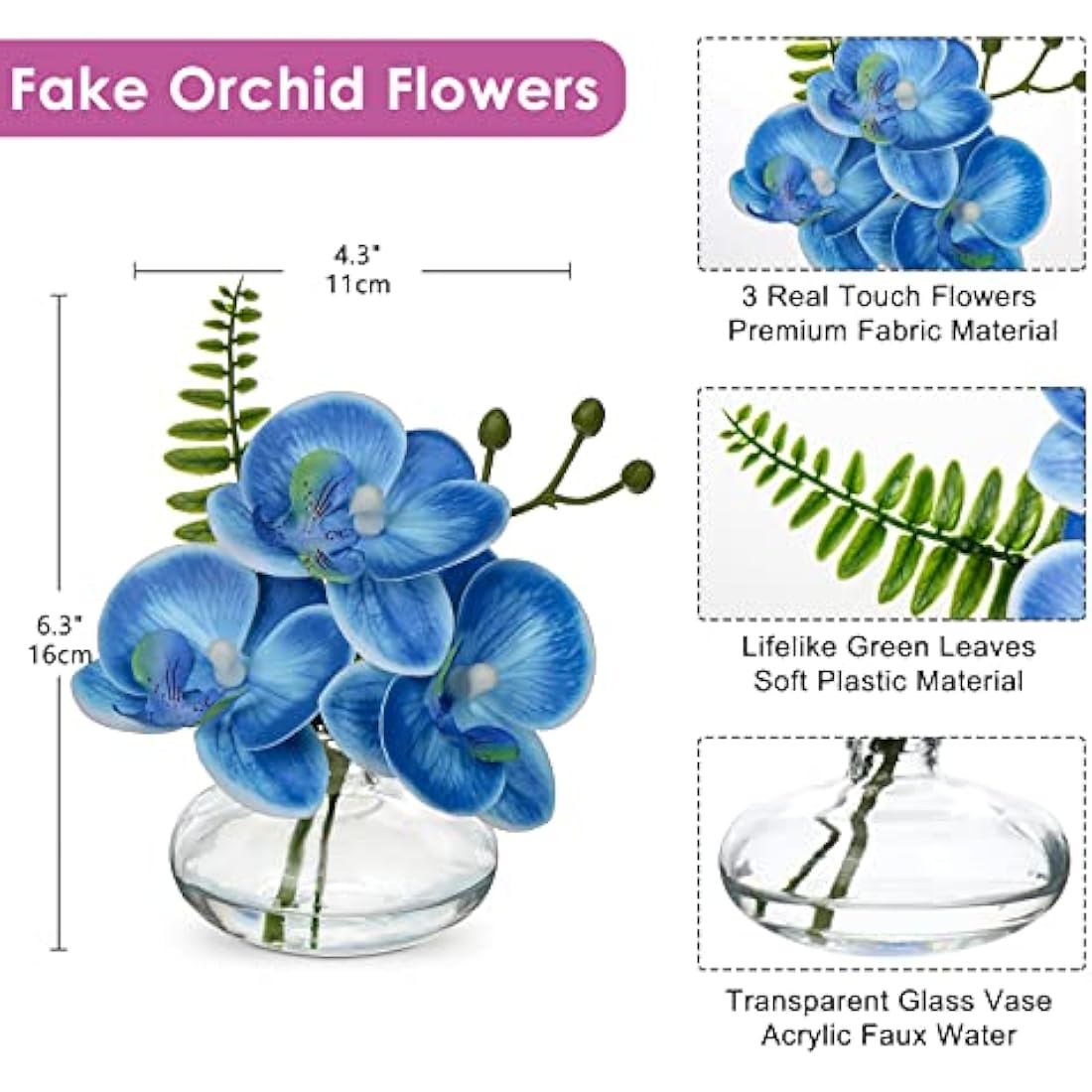 Briful Set of 3 Artificial Orchids in Glass Vase, Blue Orchids Fake Flowers in Faux Water Artificial Flowers for Decoration Artificial Plant for Living Room Bathroom Office Décor