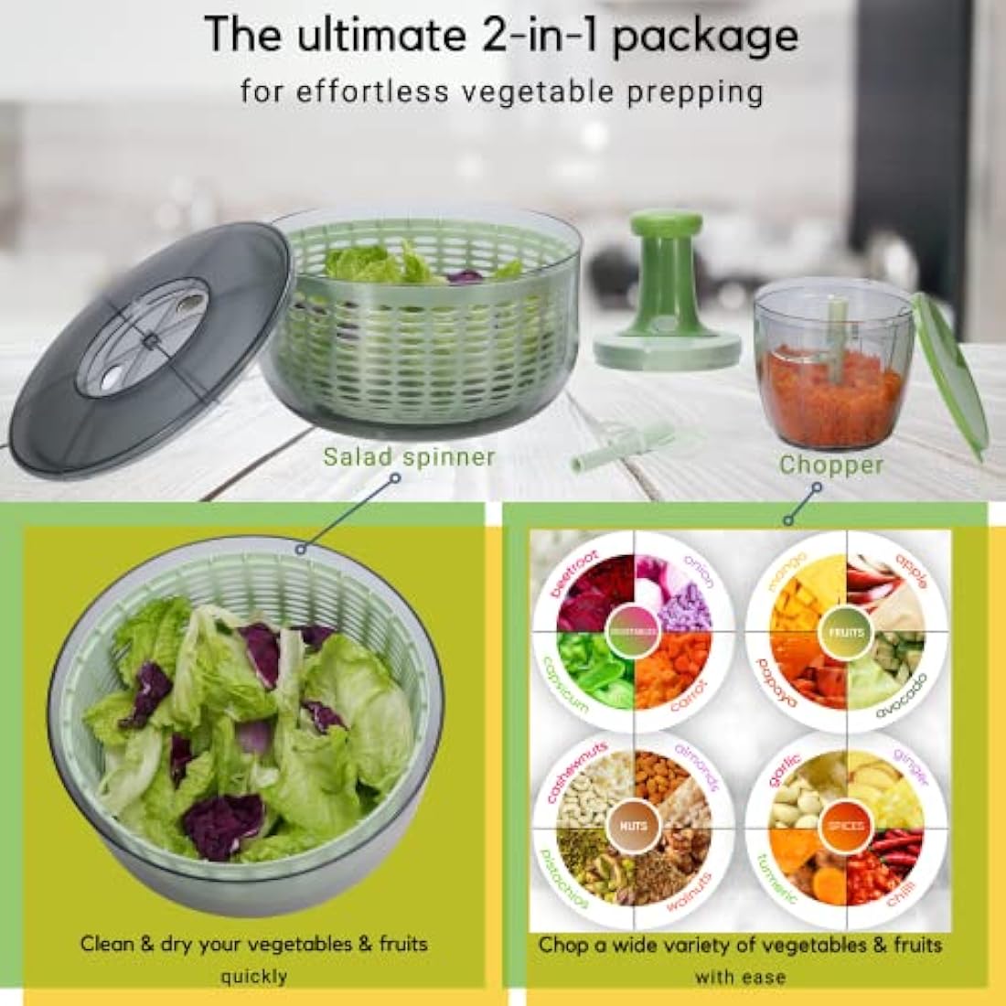 Brieftons Salad Spinner and Chopper: Large 6-Litre Lettuce Greens Vegetable Washer Dryer, with Bonus 0.9-Litre Veggie Chopper Mixer, Compact Storage, Easy Push Operation for Quick Veggie Prepping