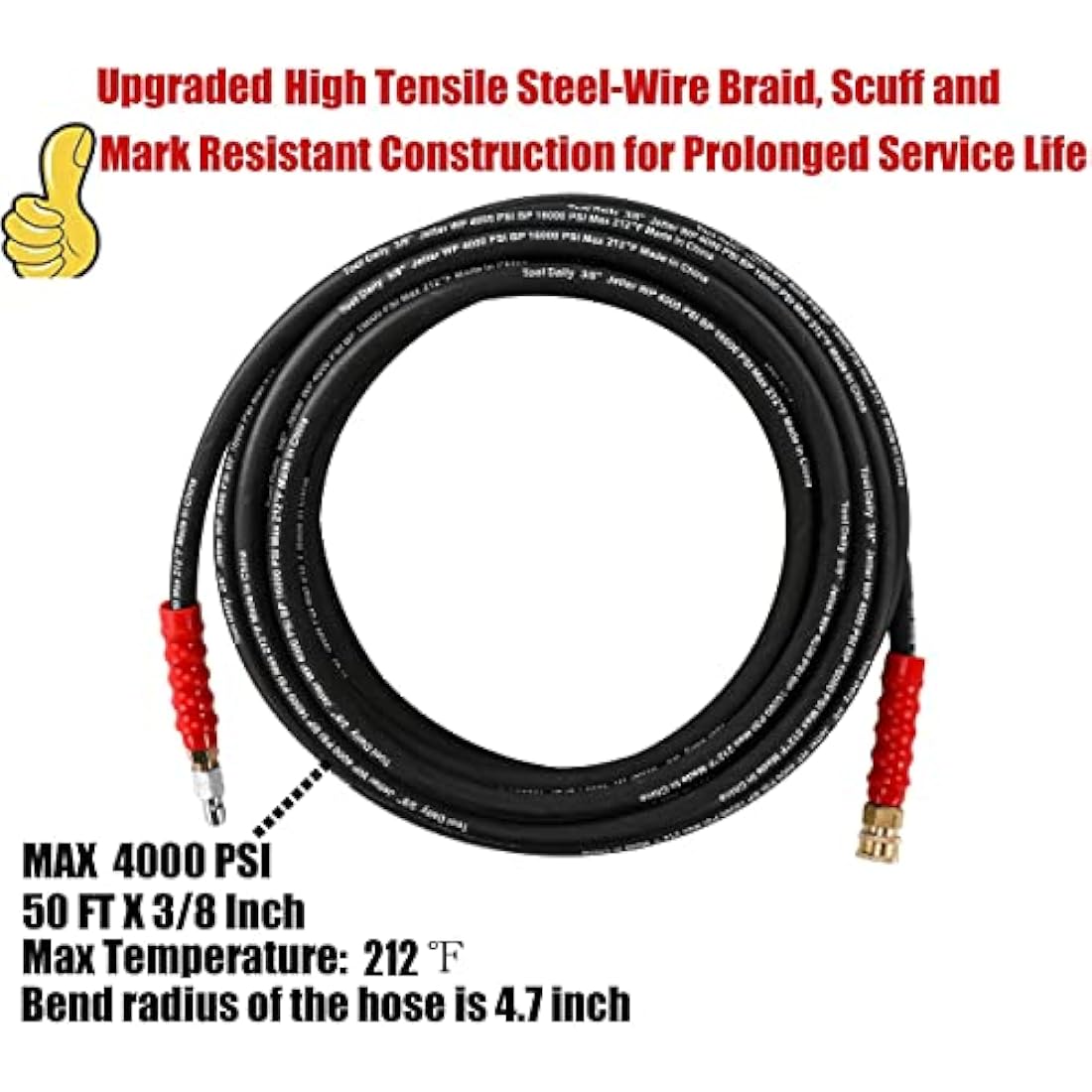 Tool Daily Pressure Washer Hose, 3/8 Inch x 50 FT, Quick Connect, 4000 PSI, High Tensile Wire Braided,Black