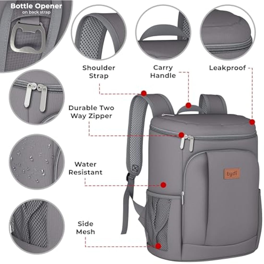 Tydi Cooler Backpack Insulated – 30L Cool Bag Rucksack Backpack Cooler – Cool Bag Back Pack for Picnic, Camping, Hiking – Grey