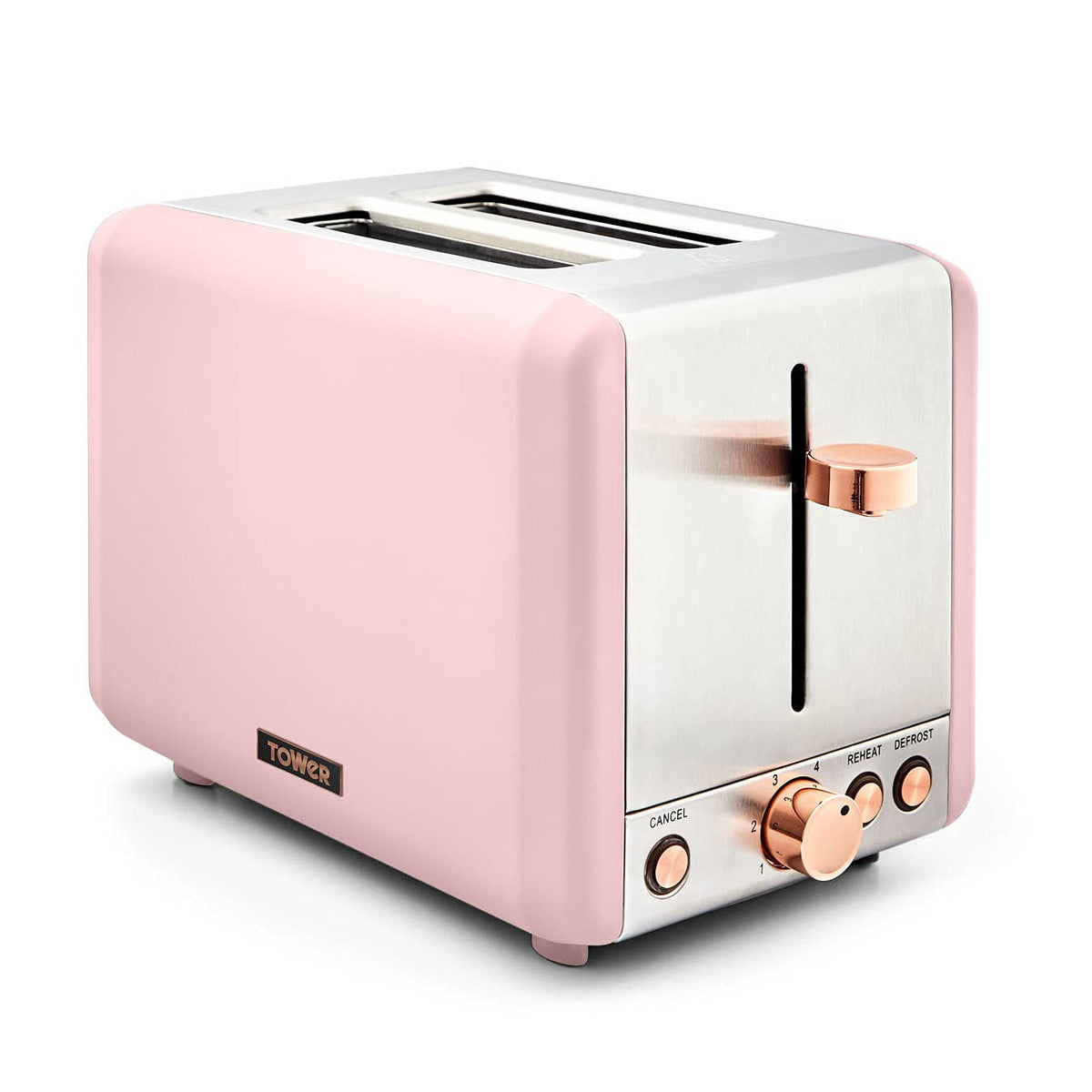 Tower T20036PNK Cavaletto 2-Slice Toaster with Defrost/Reheat, Stainless Steel, 850 W, Marshmallow Pink and Rose Gold