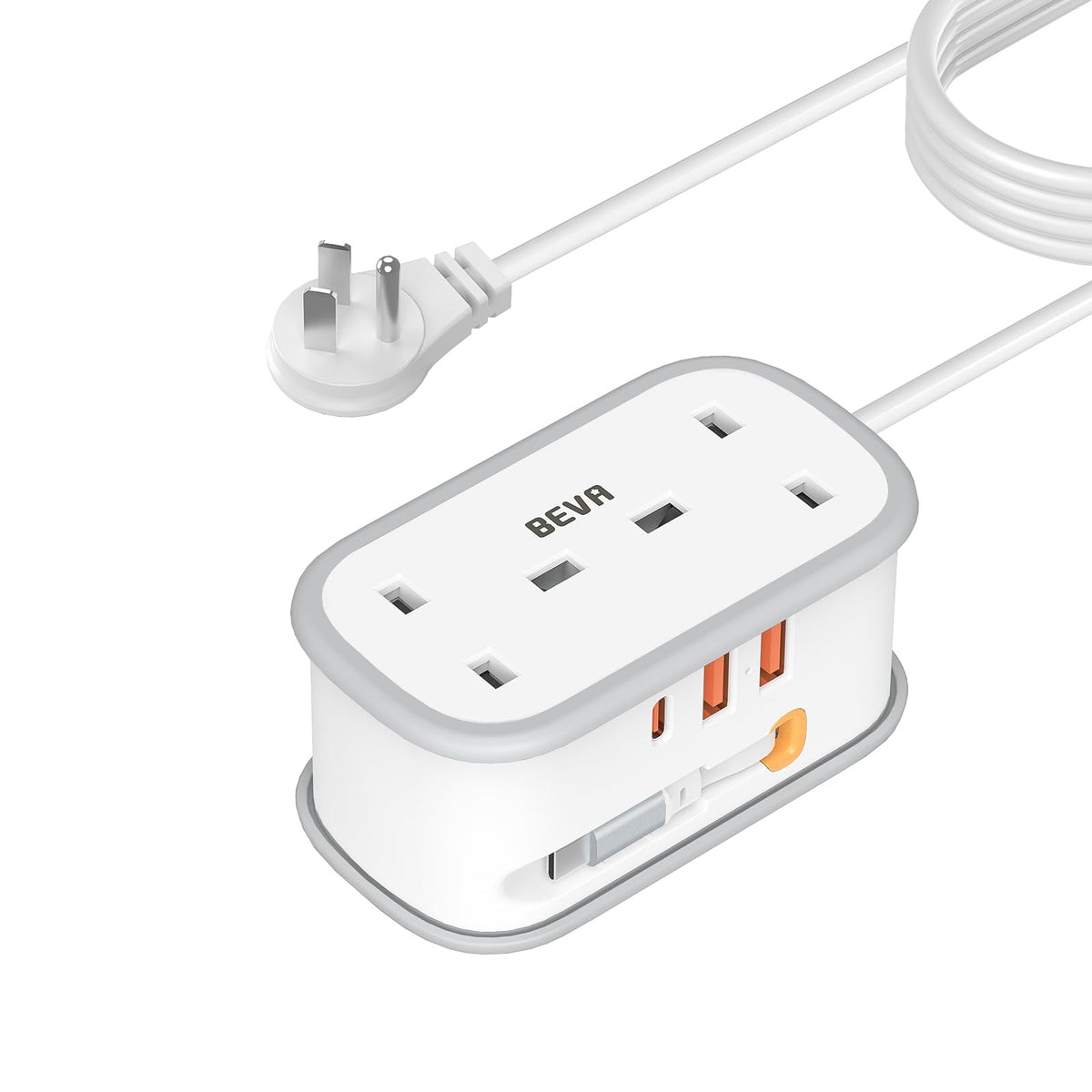 UK to US Plug Adapter with 1.5M Extension Cable, BEVA 2 Way 3 USB (2A+1C) Travel Adapter with Retractable USB C Cable for American, Thailand, Canada,