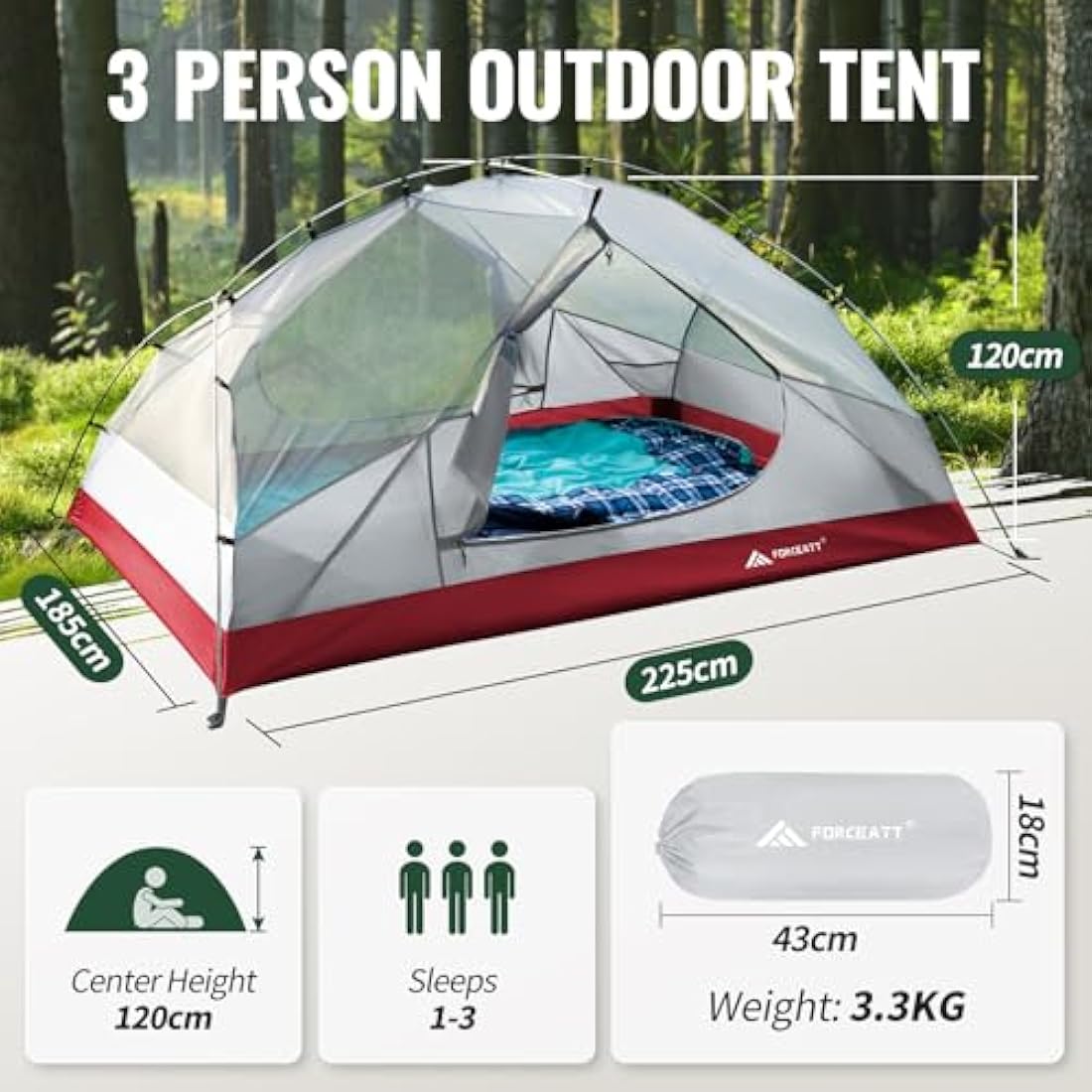 Forceatt Camping Tent,2-3 Man Tent for Outdoor PU3000mm Waterproof Tent Lightweight & Portable easy set up for Hiking Backping Eurohike