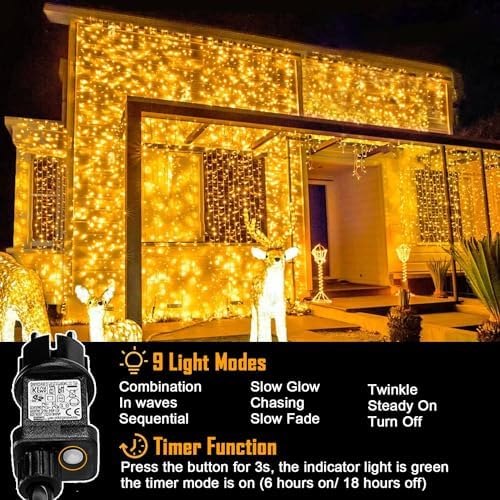 yowin 2 Pack Curtain Lights 600 LED 6m x 3m Gazebo Lights Mains Powered with Timer, 8 Modes Curtain Fairy Light Outdoor Waterproof Wall Hanging Light for Pergola Indoor Bedroom Wedding Decorations