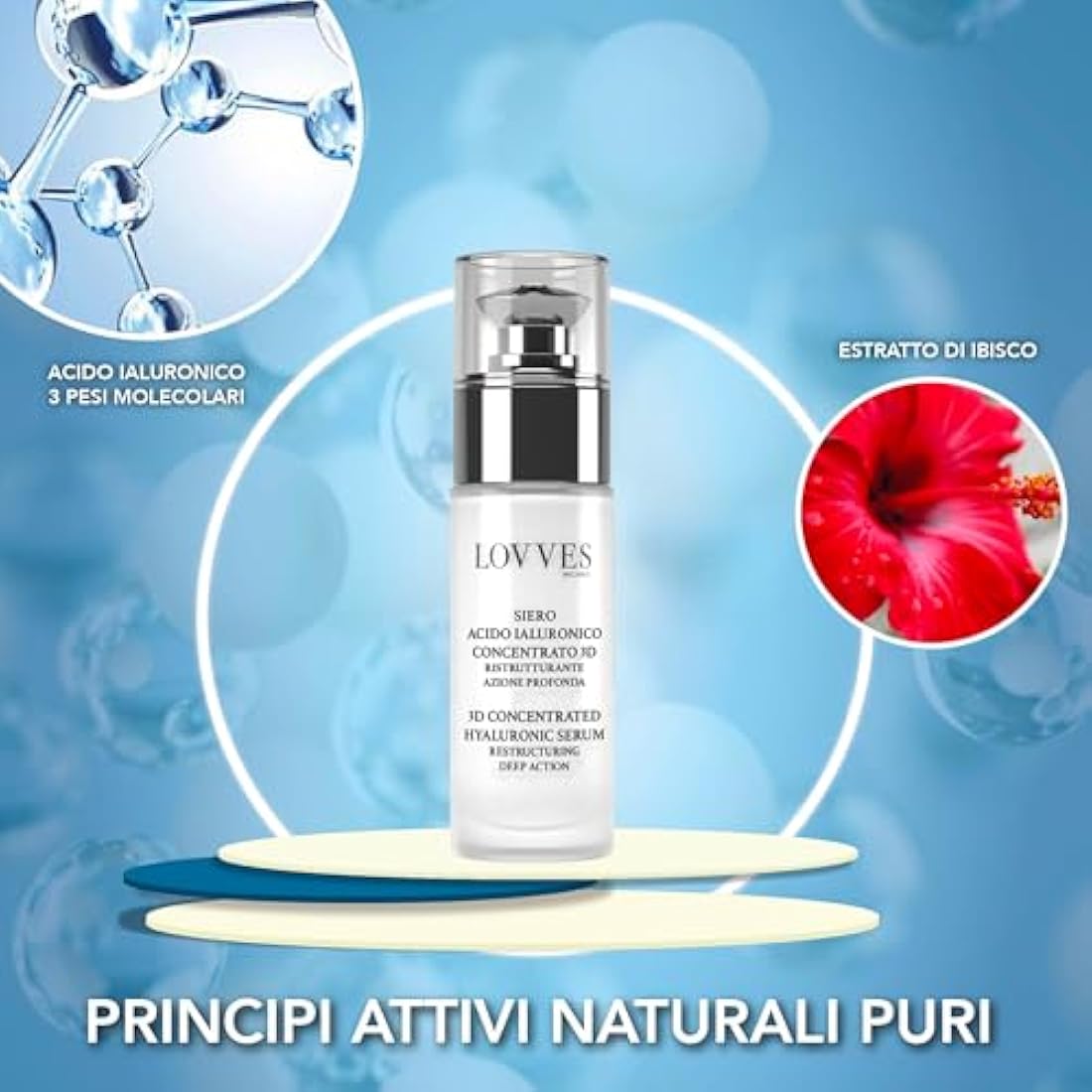 LOVVES 3D Concentrated Hyaluronic Acid Serum, High Natural Cosmetics, Restructuring Deep Action, Anti-Aging, Anti-Wrinkle, Moisturizing, Format 30ml Glass Bottle