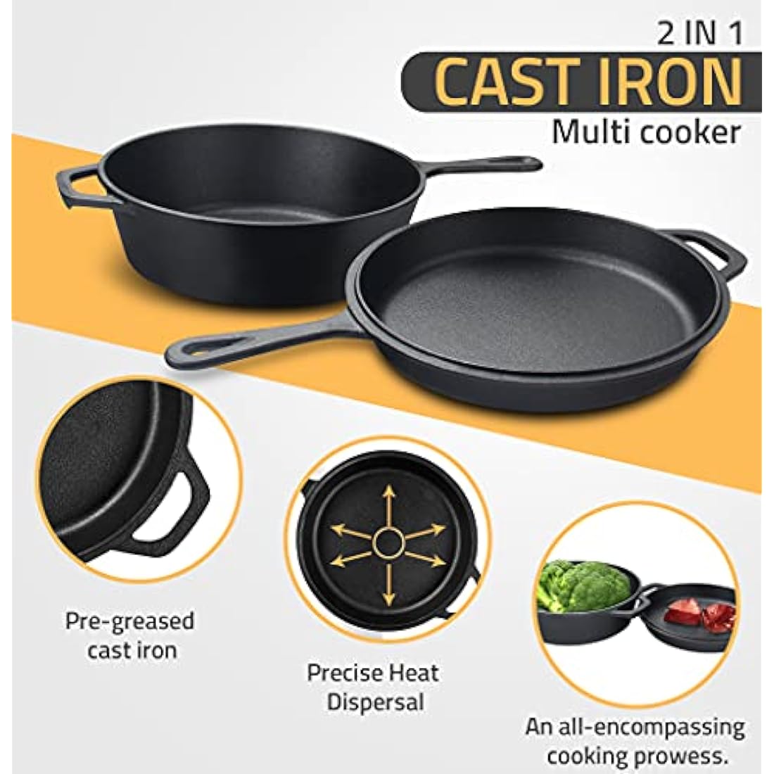 KICHLY 3.0L,3.2 Quart Pre Seasoned Cast Iron Combo Cooker Dutch Oven with Lid, 10.25 Inch, 26 cm Dual Function Skillet Pot with lid, Cast Iron Casserole Dish with Lid