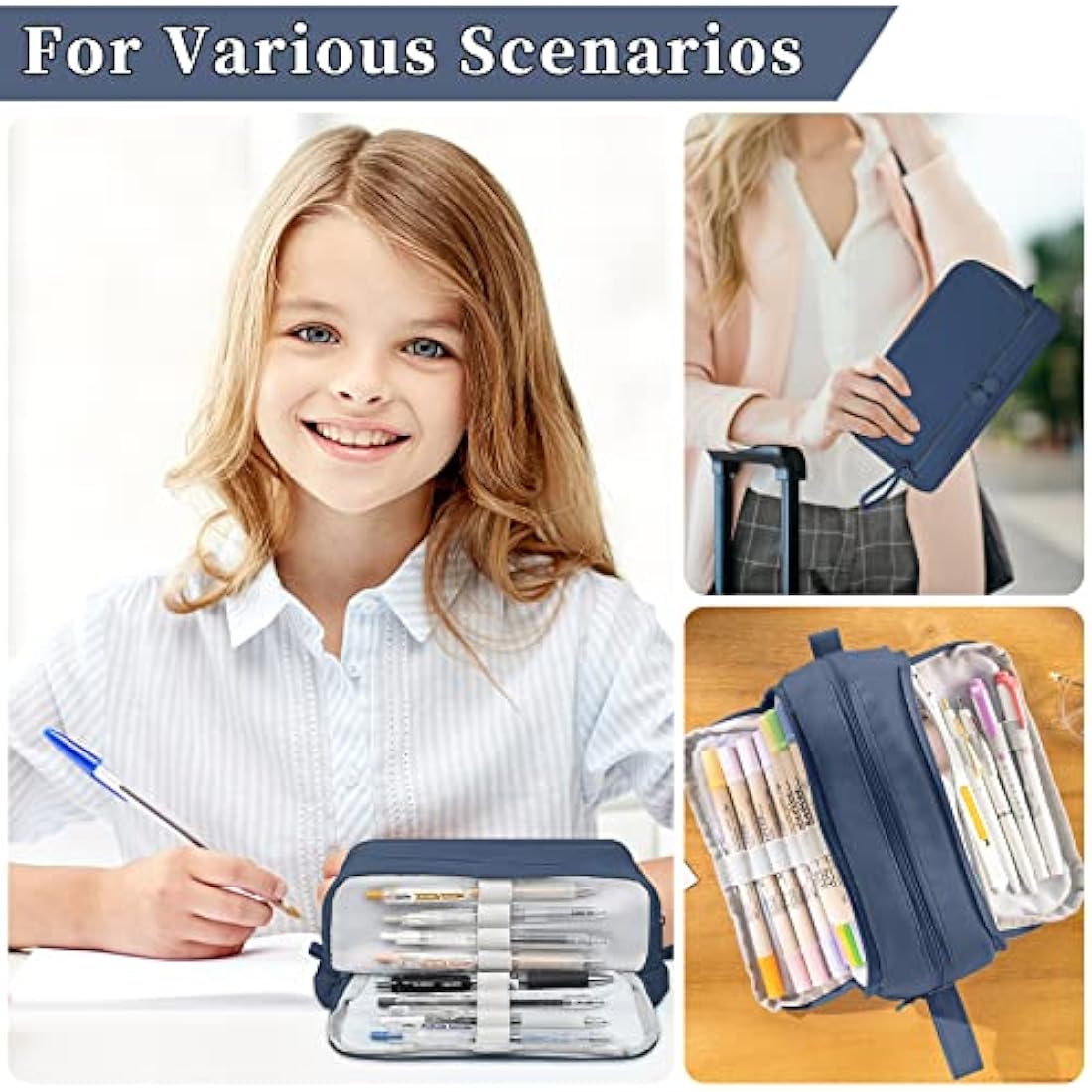 Tesmien Pencil Case, Large Pencil Case with 4 Compartments Stationery Organizer for Boys and Girls, Aesthetic Pencil Bag Suitable for Kids Teenagers Students Women Men, Dark Blue