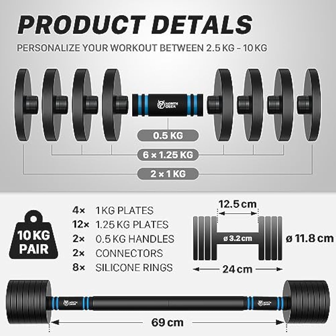 Northdeer Dumbbell Barbell Set 10kg Pair - 2.5kg 3kg 5kg 5.5kg 7.5kg 8kg 10kg - Adjustable Dumbbells V2.0 with Barbell Home Gym Workout