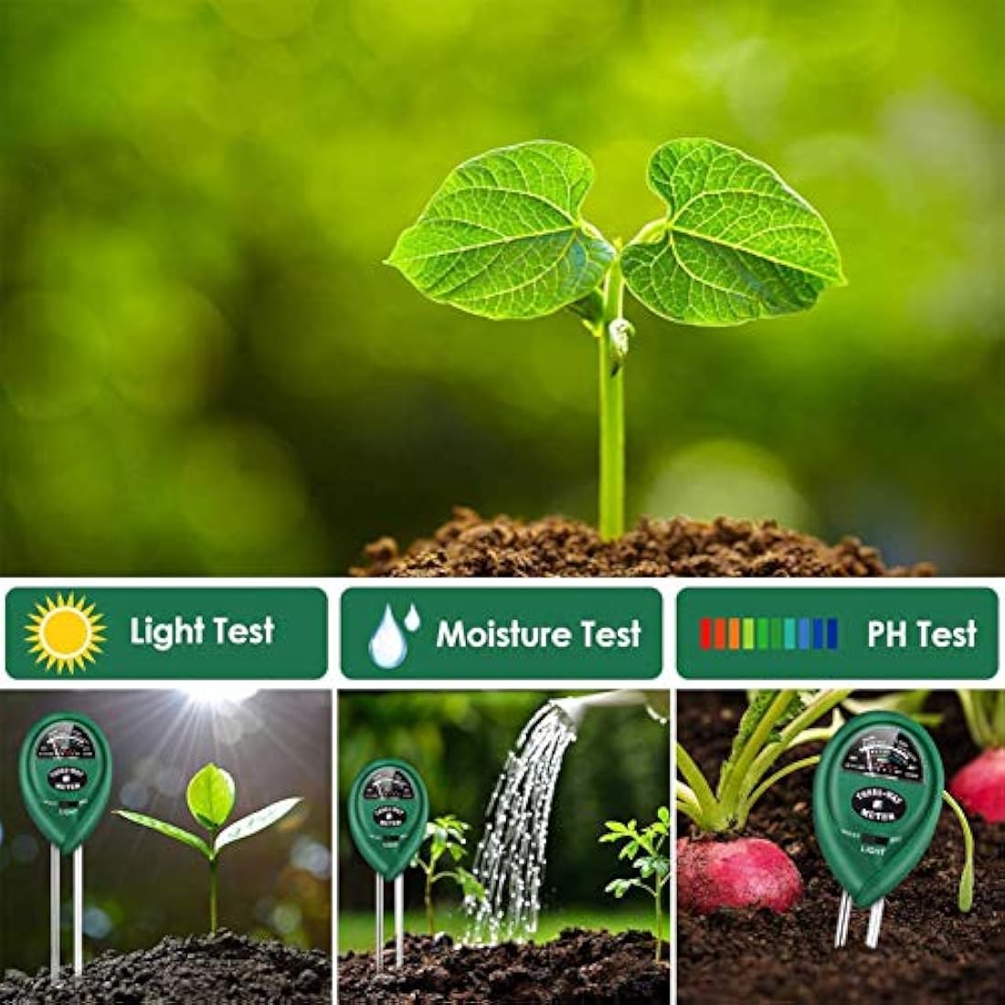 LIUNOVIP Soil PH Meter, Moisture 3-in-1 Tester, Plant Testing Kit with Moisture/Light/PH, Suitable for Lighting and of Gardens, Farm Potted (No Battery Needed), Green-523