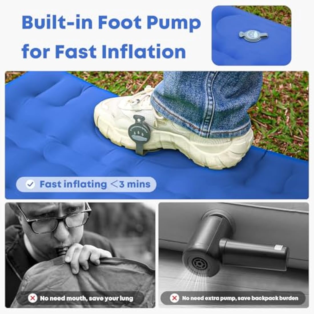 MAMBAKOTR Camping Air Bed 12-15CM Extra Thick, Reinforced Support Structure with Built-in Foot Pump and Pillow Portable Camping Sleeping Mat Air Mattress for Tent Backpacking Hiking Travel