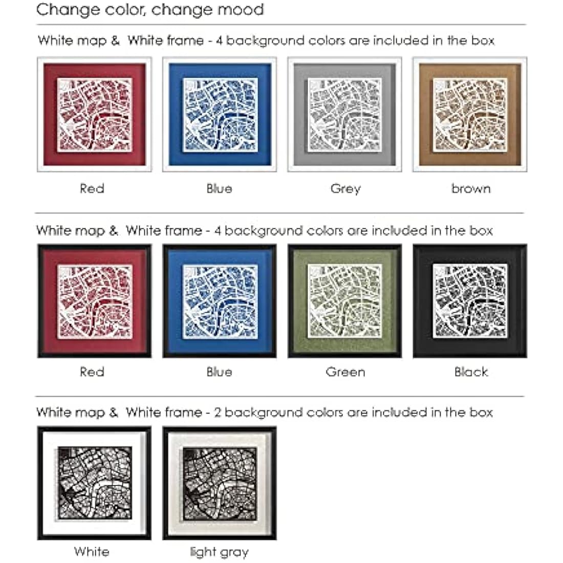 O3 DESIGN STUDIO Cambridge Paper Cut Map framed, White map, White frame, 9x9 inches, Gift Boxed, 4 background color, self-changing, Paper Art