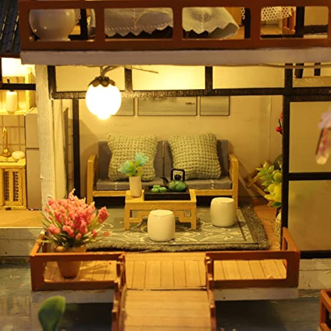 Cuteefun Miniature DIY Dolls House Kit, Wooden Doll house Kit with Furniture and Music Box, Handmade Crafts for Adults, 1:24 for Birthday, Valentine's Day Father's Day(Oriental Villa)