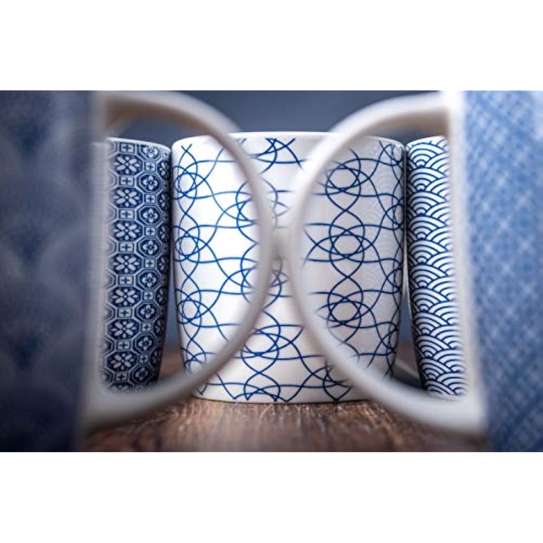 MACHUMA Set of 6 Coffee Mugs 340 ML/11.5 oz with Blue and White Geometric Patterns, Ceramic Tea Cup Set 6 Pack