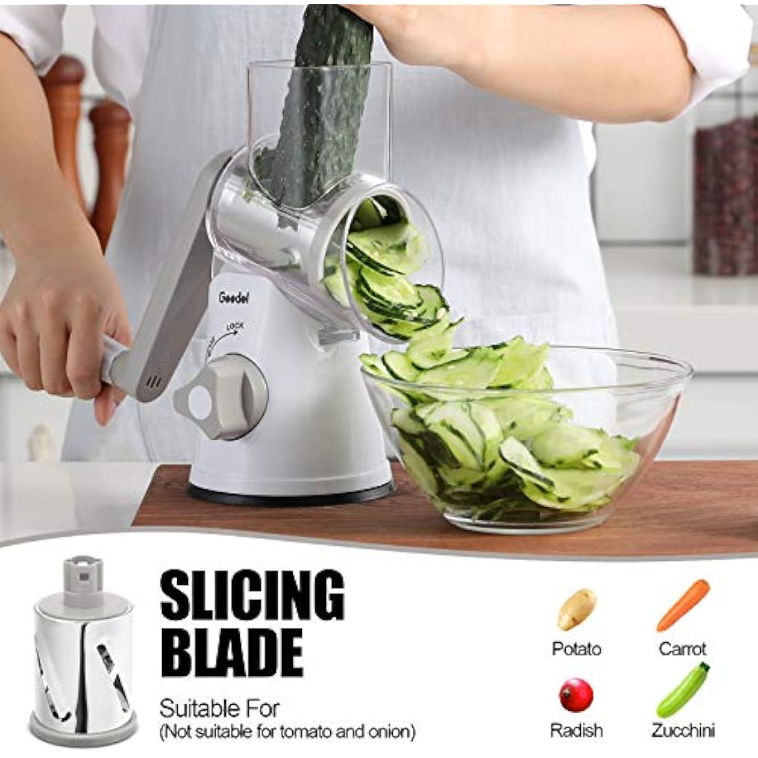 Rotary Cheese Grater, Vegetable Slicer with Three Drum Blades, Grater for Kitchen Faster and Easy Cutting, Rotary Drum Grater Ideal for Cheese, Cucumber, Carrot. etc.