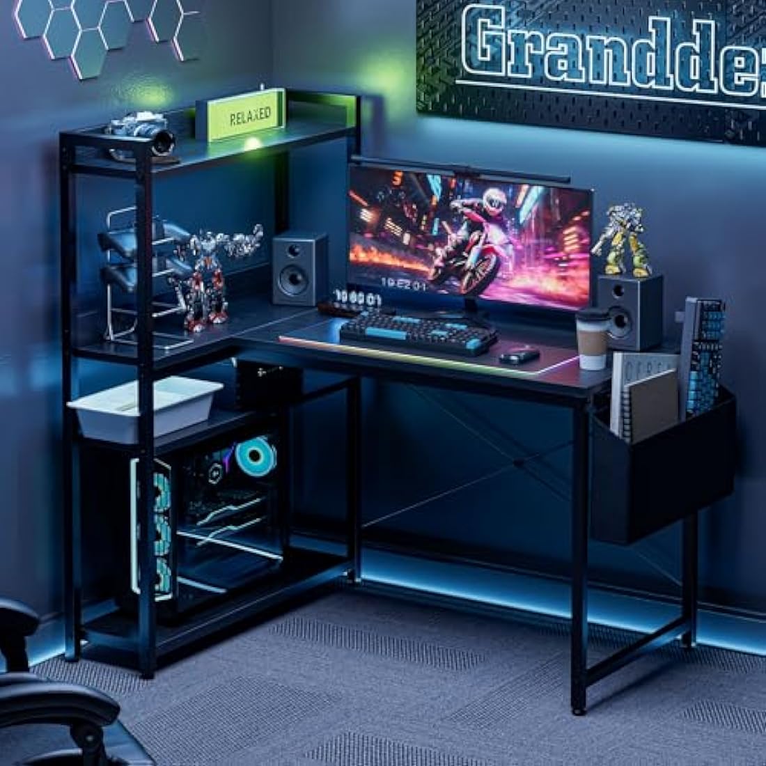 Grandder 100x80 cm L Shaped Gaming Desk with Reversible Storage Shelves, Computer Desk Home Office Corner Study Writing Table with Hutch, Study, Black
