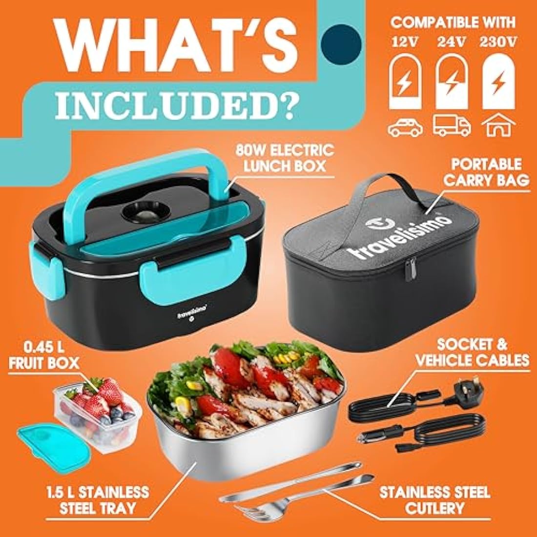 TRAVELISIMO Heated Lunch Box 80W Electric Lunch Box Food Heater 1.5L Portable Food Warmer for Travel & Office, 12V/24V/230V Heated Lunch Boxes for Adults, Stainless Steel Truck & Car Electric Lunchbox