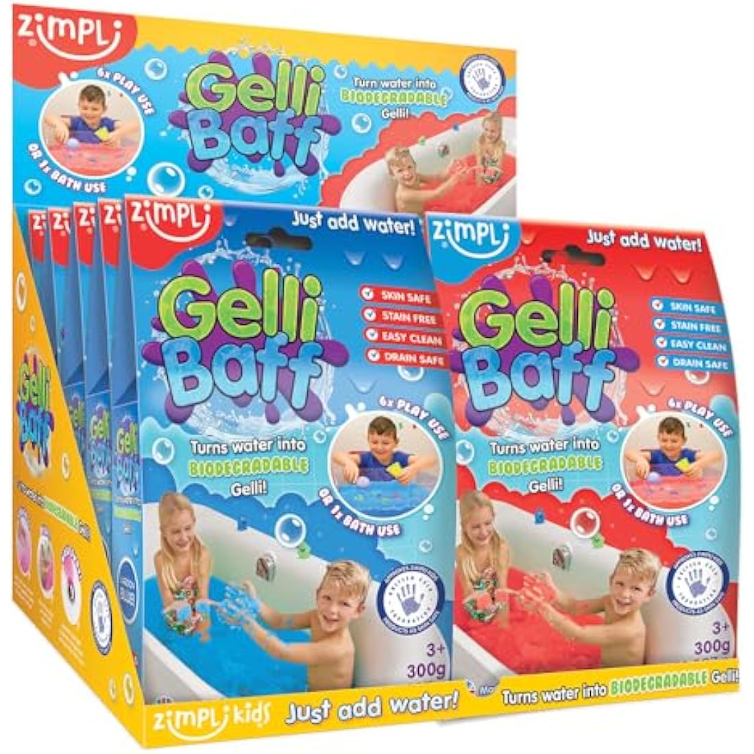 Zimpli Kids 10 x Gelli Baff Gift Bundle, Magically turns water into thick, colourful goo, 3 x Red, 3 x Blue, 2 x Pink & 2 x Green, Party Favours for Children, Multi-Sensory Bath Toy, Water Toys