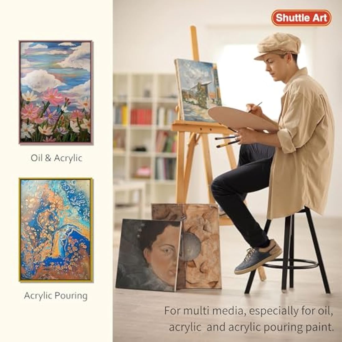Shuttle Art Canvas for Painting, 15 Multi Pack Stretched Blank Canvas Boards, 4x4, 5x7, 8x10, 9x12, 11x14 Inches (3 of Each), Primed White Painting Canvas, Canvases for Acrylic, Oil Painting