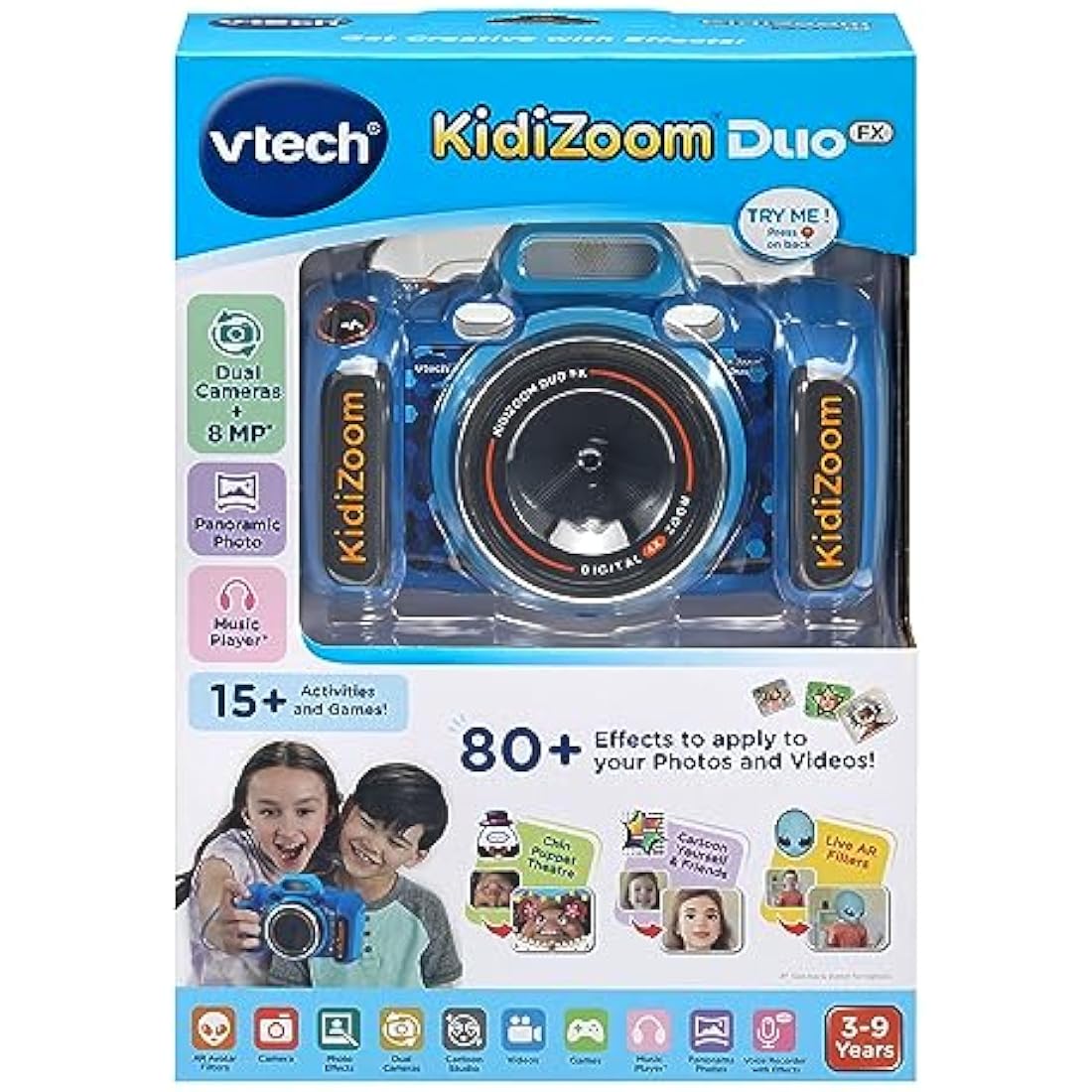 VTech KidiZoom Duo FX, Kids Camera with Colour Screen, 8MP, Photos, Selfies & Videos, AR Filters, 20 games, 75 photo & video effects, filters & frames, for Infants aged 3, 4, 5, 6, 7 + years, Blue
