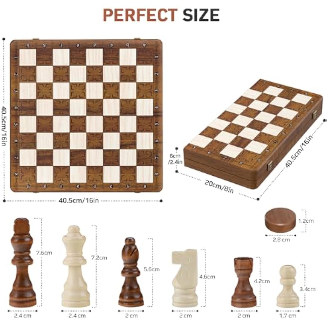 Sarr Klith Chess Set and Checkers 2IN1, 16" Wooden Magnetic Chess Board for Adults Kids, Foldable Travel Chess Set with 2 Extral Queen, Chess Gift Toys for Boys Girls