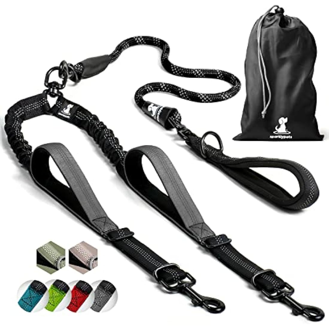 SparklyPets Double Dog Leash for 2 Dogs – Rope Bungee Dual Leash for Medium and Large Breeds with Padded Handles & Tangle Free (Black, Medium/Large)