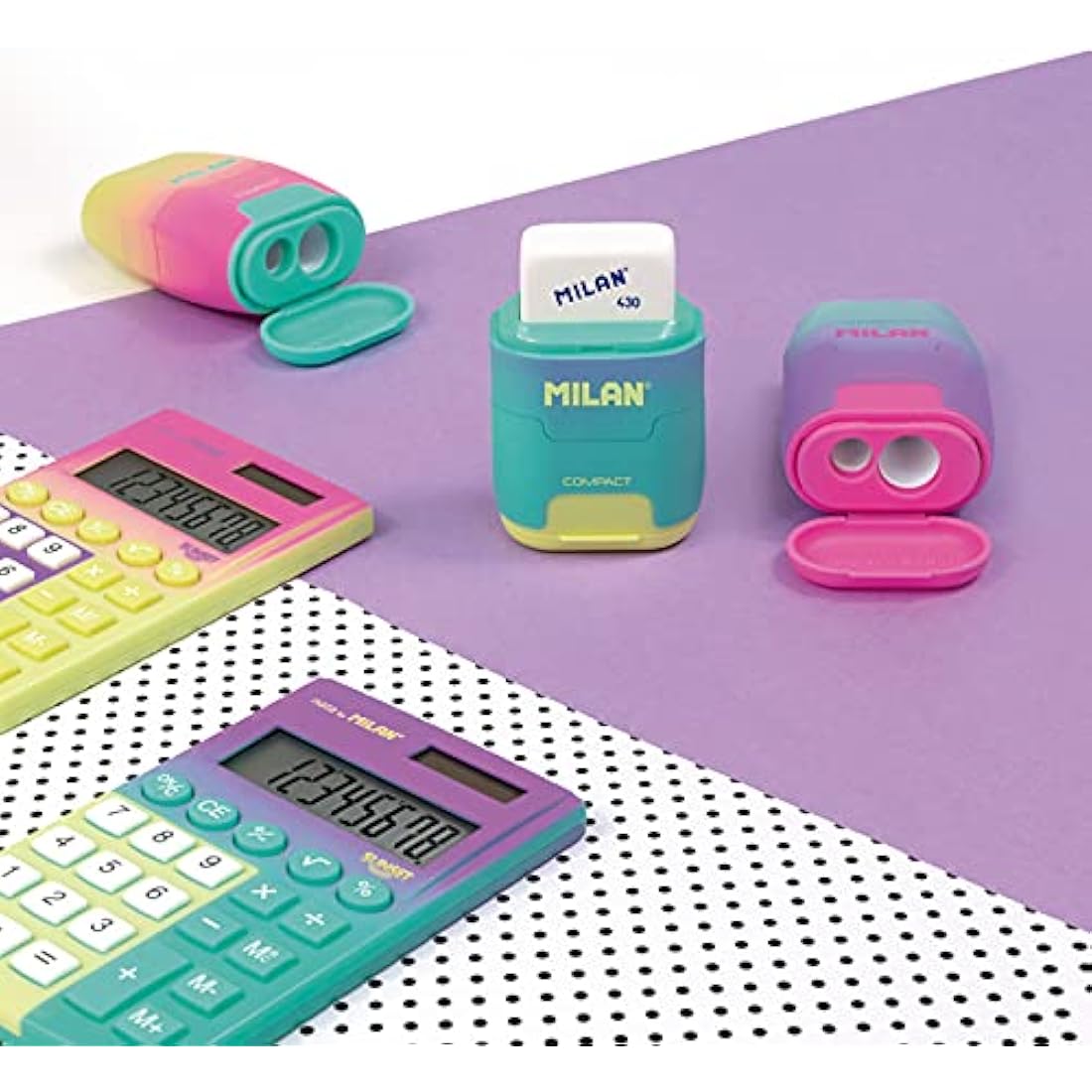 MILAN Compact Sunset Plastic Pencil Sharpener 2 Uses with Eraser Assorted Colours