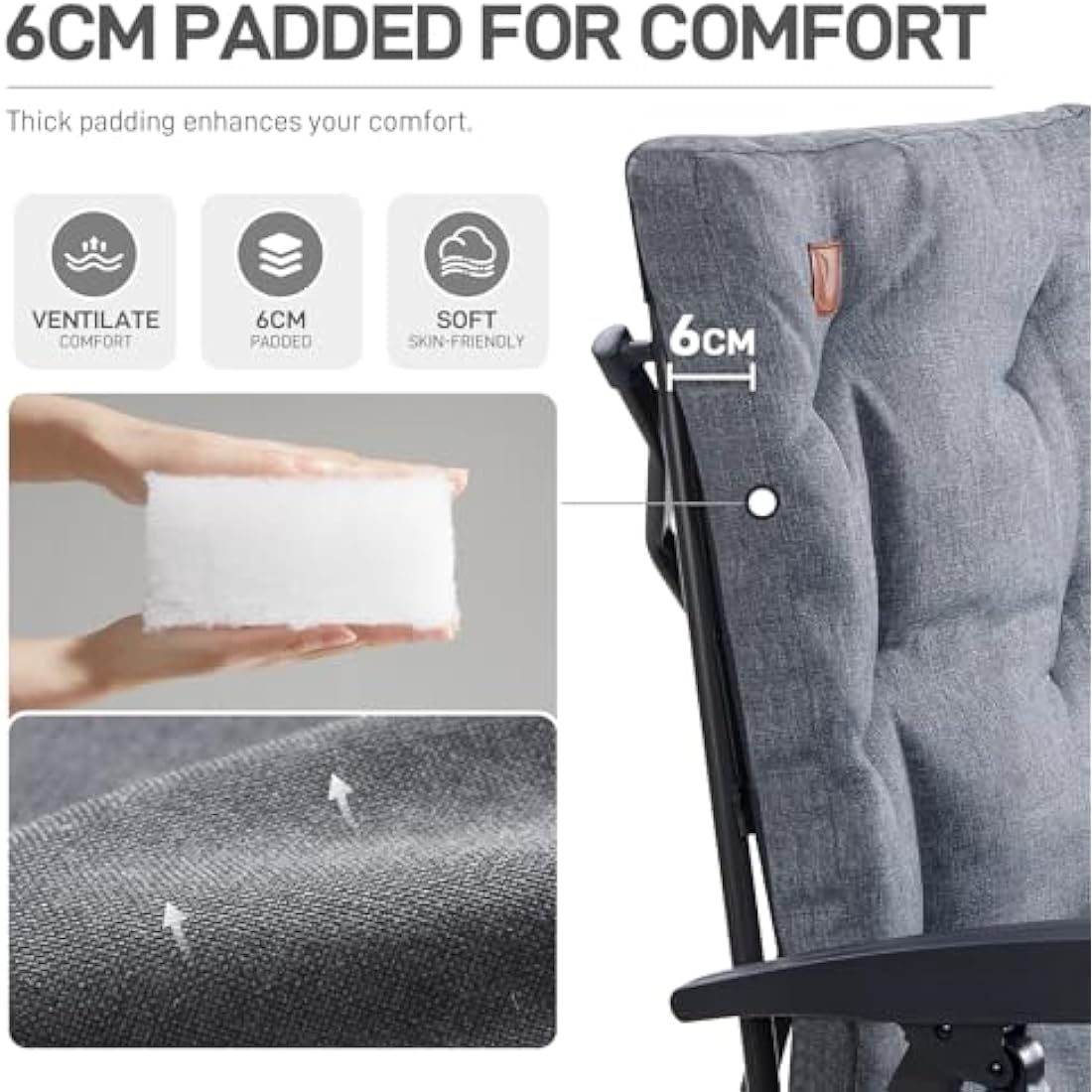 EVER ADVANCED Luxury Camping Chairs 2 Set for Adults Heavy Duty High Back Oversized Folding Garden Chair Comfy Padded 6cm Loadable 150kg Adjustable Dining Chairs 4-Position Recliner Chair Grey
