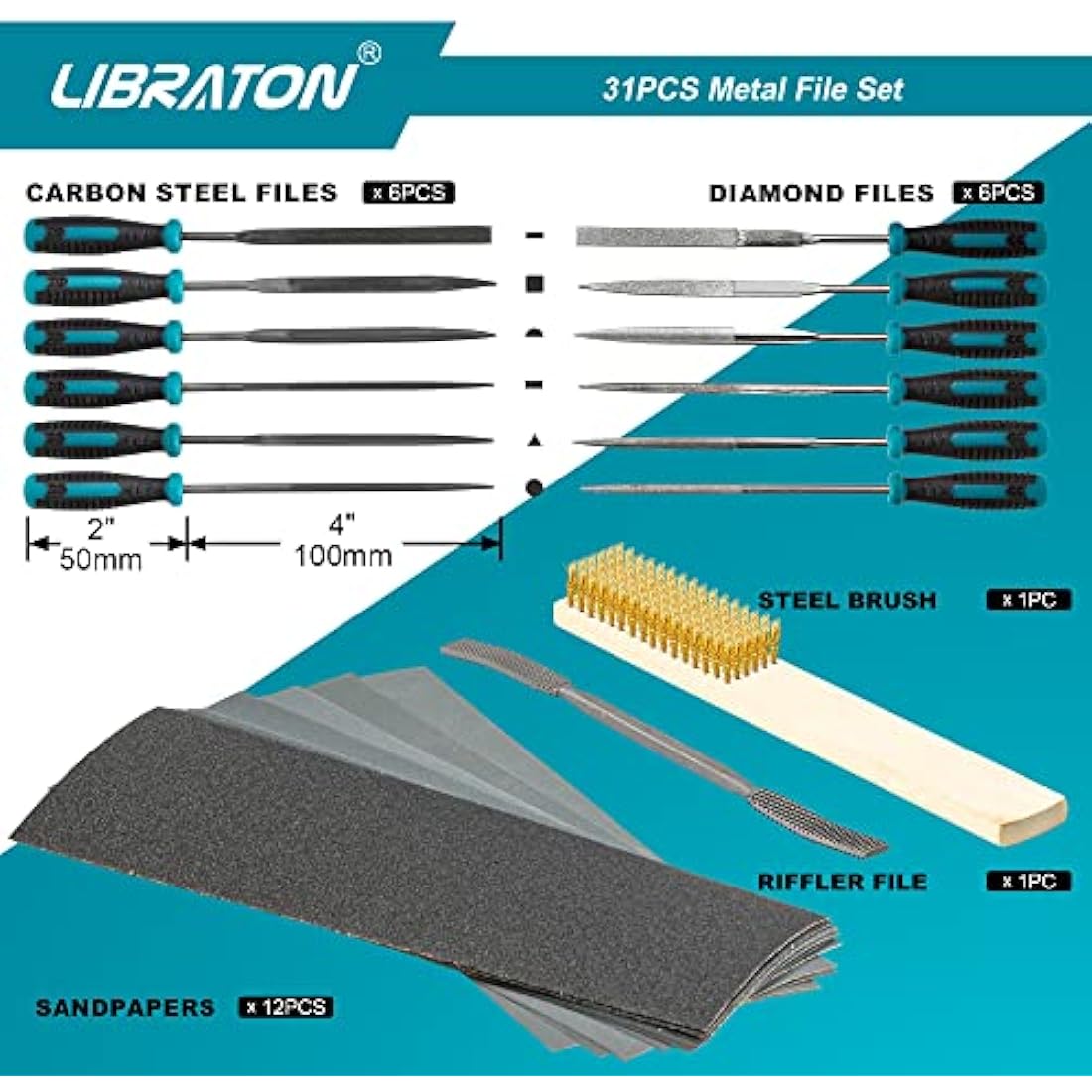 Libraton Metal File Set, Metal Files 31PCs, Metal Files for Steel, 12 Needle Files with Case, Riffler File, 12 Sandpapers, Steel Brush, File Sets for Wood and Metal, for Metalworking & Woodworking