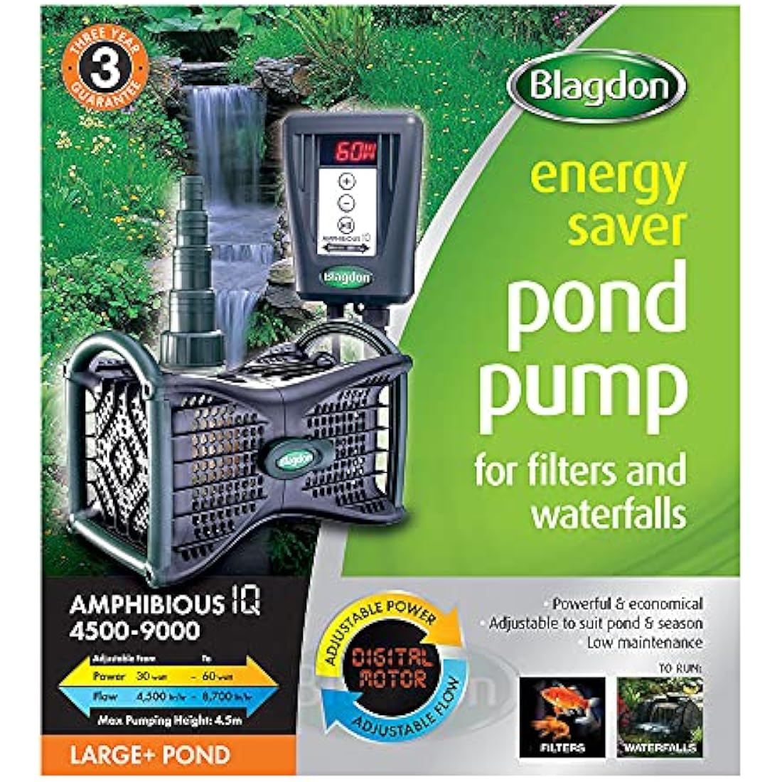 Blagdon Amphibious IQ Energy Saving Pond Pump, for Fountain & Waterfall, Run Dry Protection, Adjustable Power & Flow, 4500-9000 Large Pond, Black