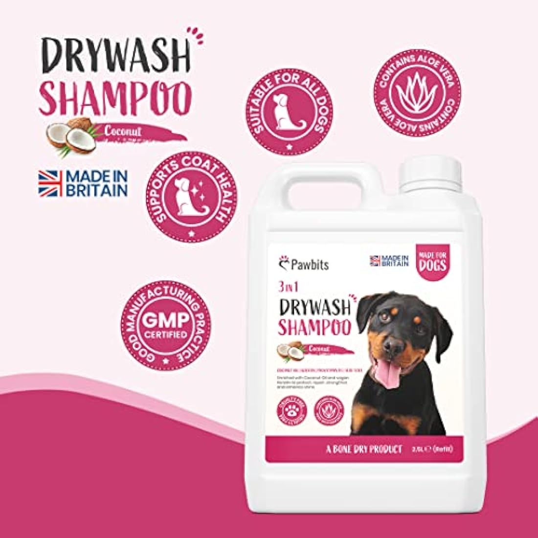 Pawbits Drywash Shampoo for Dogs - Puppy Friendly 3-in-1 Dry Shampoo to Clean, Condition & Detangle – No Water Required (Coconut - 2.5L)