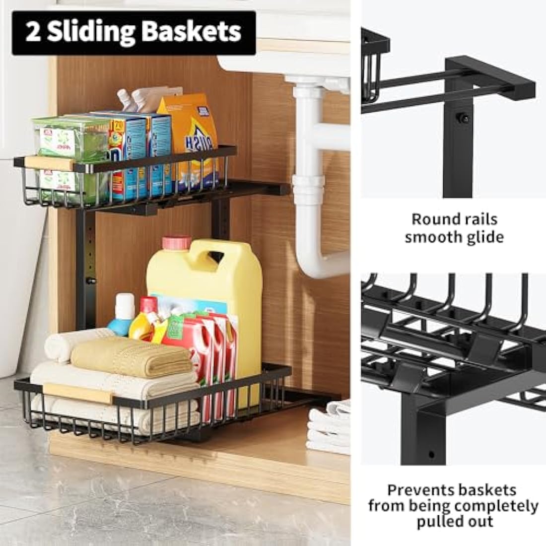 ROLIZOE 2 Tier Sliding Under Sink Storage Kitchen Organiser 42.5cm Height Adjustable Under Sink Shelf with 2 Slide Out Baskets Metal Cupboard Organiser Under Sink Cabinet Basket Organiser for Bathroom