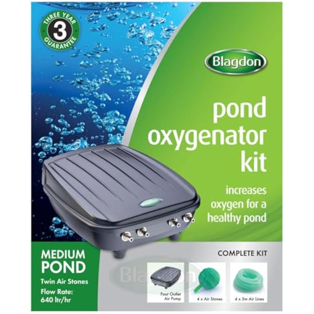 Blagdon Pond Water Oxygenator Kit, 4 Outlet Aeration Air Pump for Medium Ponds up to 4000 litres,Black