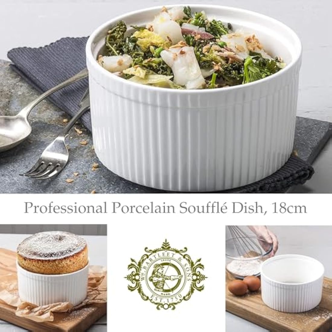 WM Bartleet & Sons 1750 T178 Traditional Porcelain Professional Soufflé Dish, 18cm Diameter, 1.6 LTR Capacity – White
