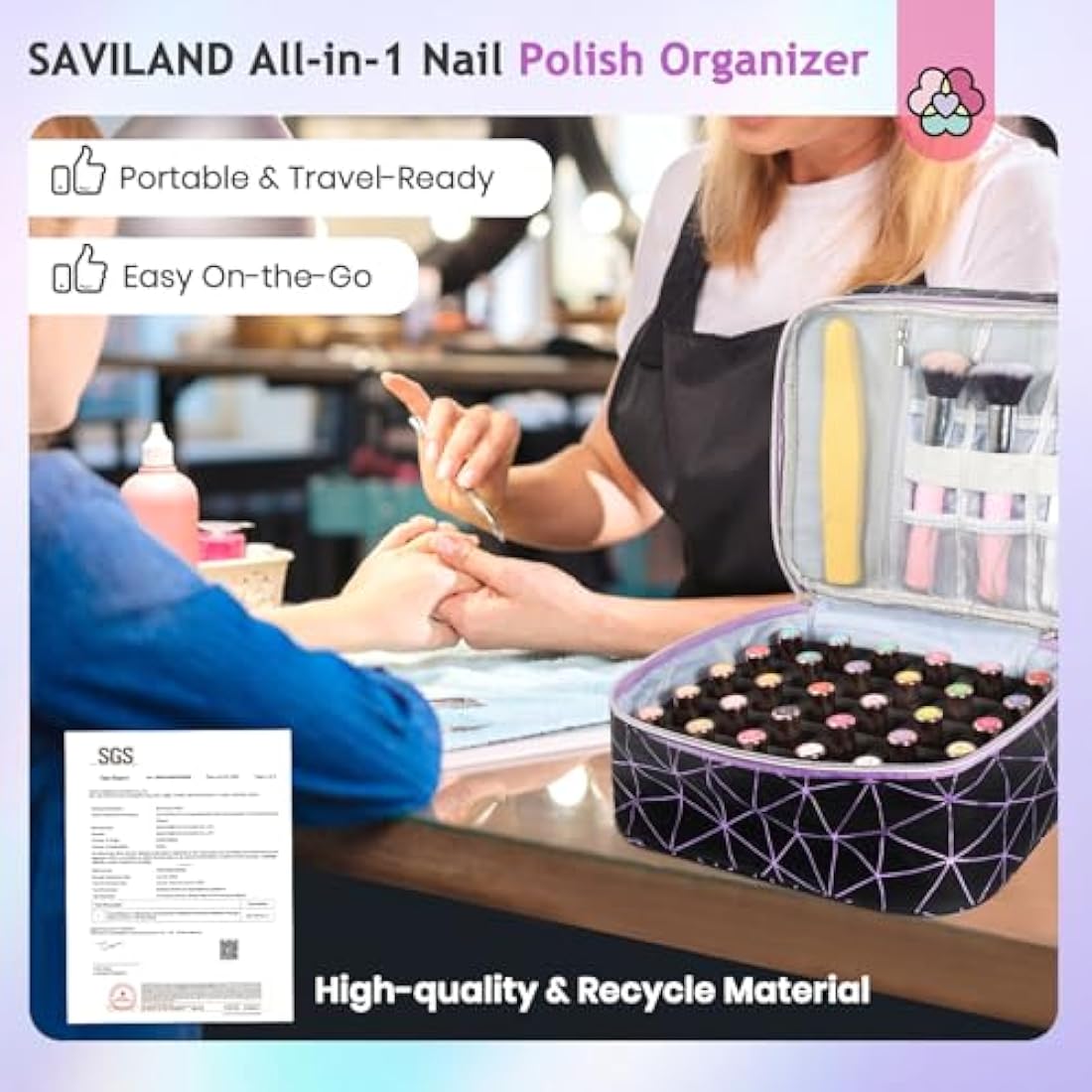 SAVILAND Nail Polish Organizer Bag: PU Leather Nail Kit Organizer Holds 30 Bottles & Nail Lamp, Black Nail Supply Organizer Nail Polish Carrying Case Gel Nail Organizers and Storage Box for Nail Tech