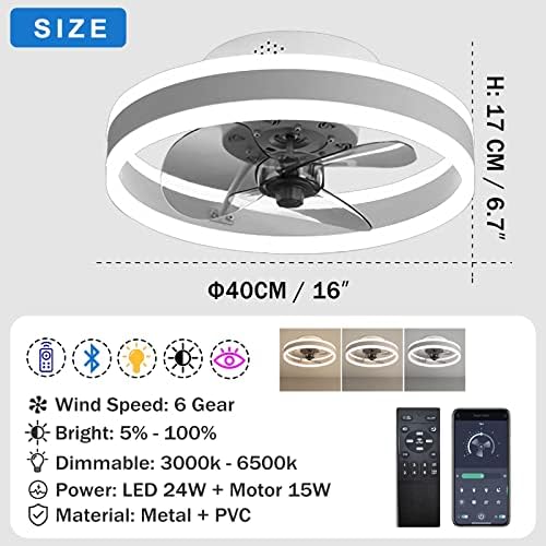 LED Ceiling Fans with Lights Reversible Remote, 6 Speeds Modern Bedroom Fan Ceiling Light Quiet Dimmable Small Ceiling Fan Light for Living Room, Black 40CM