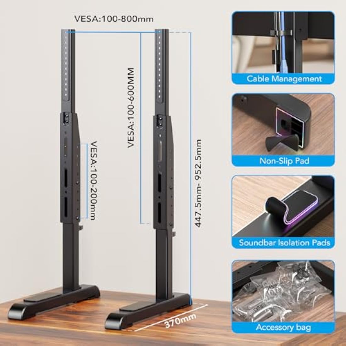 Universal Table Top TV Stand Base Replacement for Most 24 to 86 Inch LCD LED TVs, 7 Height Adjustable TV Legs with Cable Management Hold up to 68kg, Max VESA 800x600mm, Black AX10TB01