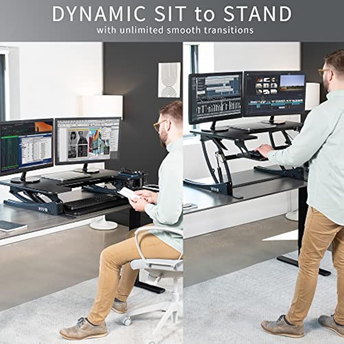VIVO 91 cm Height Adjustable Stand Up Desk Converter, V Series, Quick Sit to Stand Tabletop Dual Monitor Riser Workstation, Black, DESK-V000V