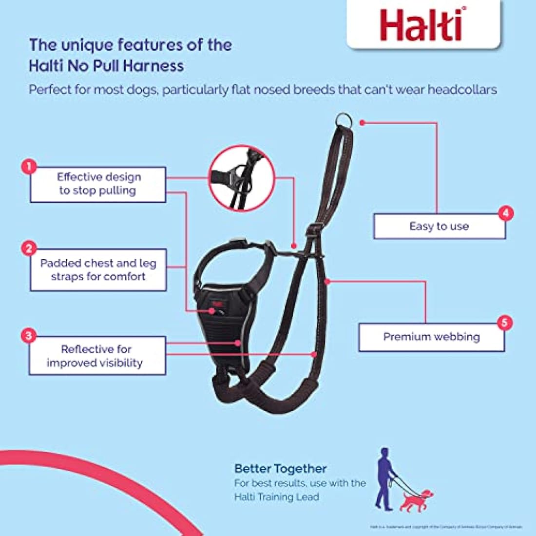 HALTI No Pull Harness Size Medium & HALTI Training Leash Size Large, Black Combination Pack - Stop Your Dog Pulling on the Leash. Adjustable, Lightweight and Easy to Use. Suitable for Medium Dogs