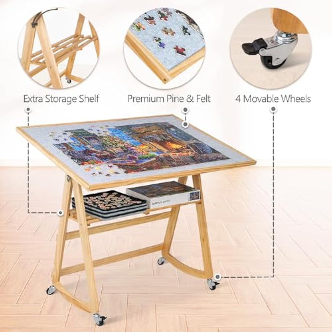 LAVIEVERT 1500 Piece Jigsaw Puzzle Table with Legs & Cover, Adjustable Wooden Puzzle Board Easel with Storage Shelf, Portable Tilting Puzzle Table with 4 Rolling Wheels for Adults