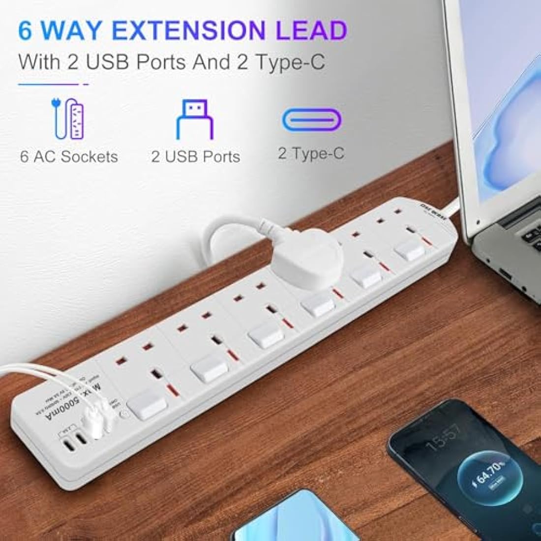 SE UKASE Extension Lead with USB Slots(5V/5A), 6 Way Plug Sockets with Individual Switches USB and Type C, Wall Mount Design with 2M Extension Cable 2990W