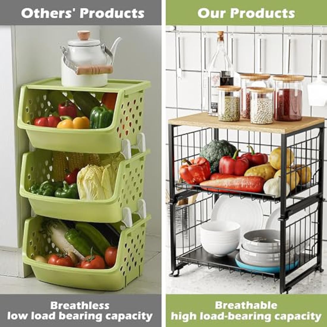 UMDONX Fruit Rack,Kitchen Countertop Wire Storage Basket,Vegetable Rack,Fruit and Veg Storage 2 Layers (Black)