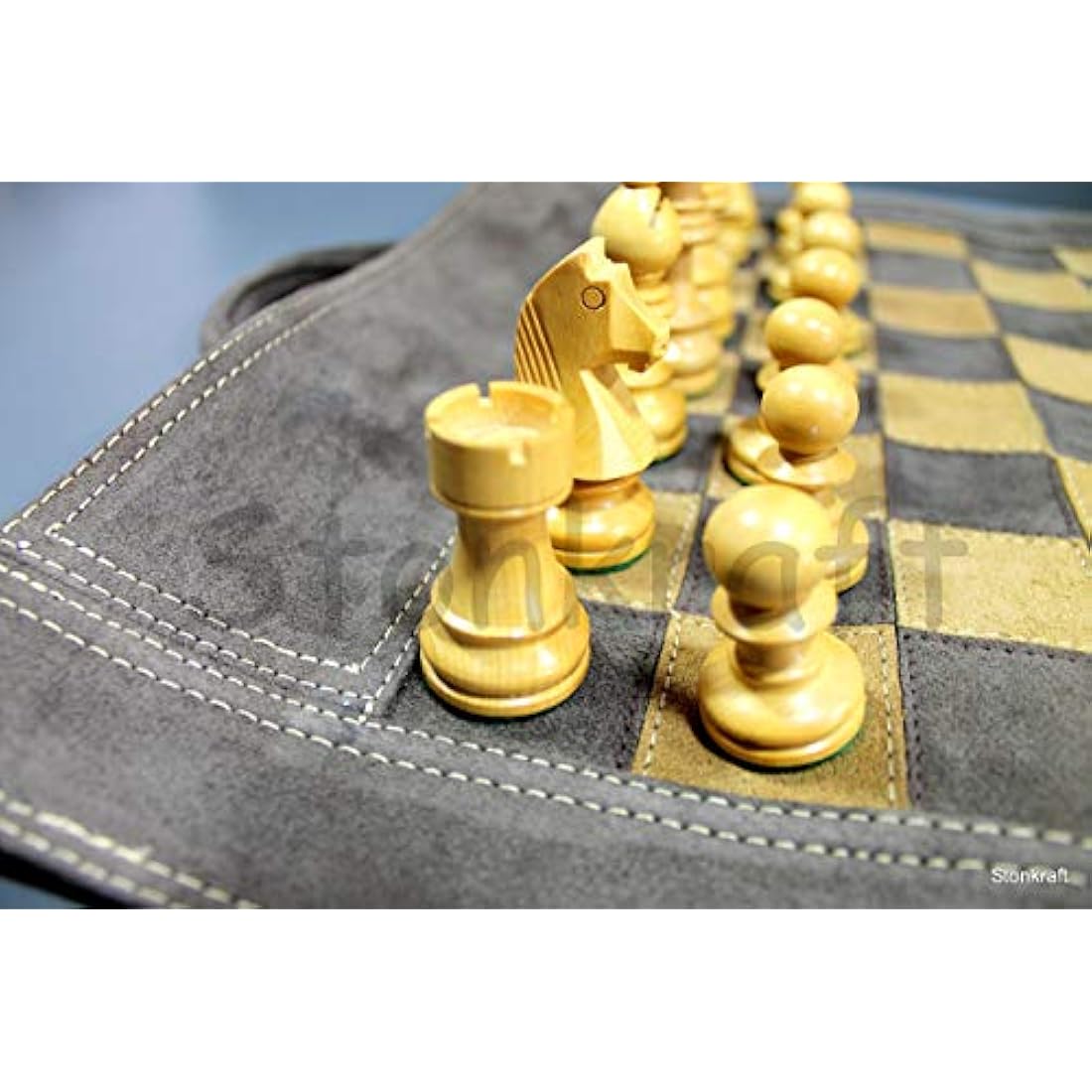 Stonkraft 19" x 15" (Chess Board Size 12" x 12") Genuine Roll-Up Leather Chess Set - With Wooden Chess Pieces - Brown Grey | Comes with a Innovative Carry Pouch