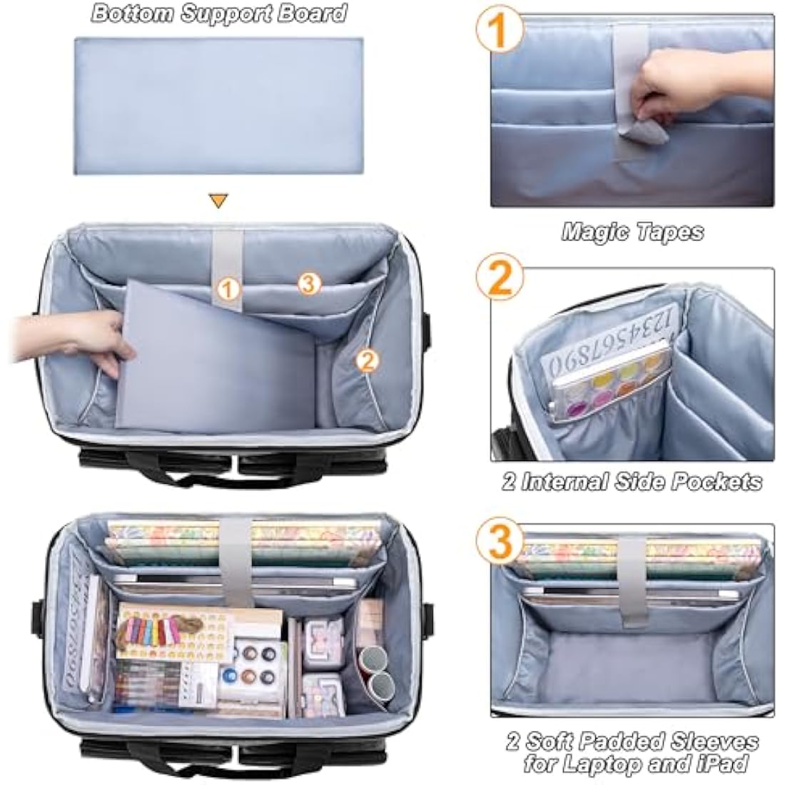 CURMIO Rolling Scrapbook Tote with Padded Laptop Sleeve, Wheeled Scrapbook Supplies Storage Bag with Detachable Trolley and Bottom Wooden Board, Rolling Craft Bag for Scrapbooking Supplies, Grey