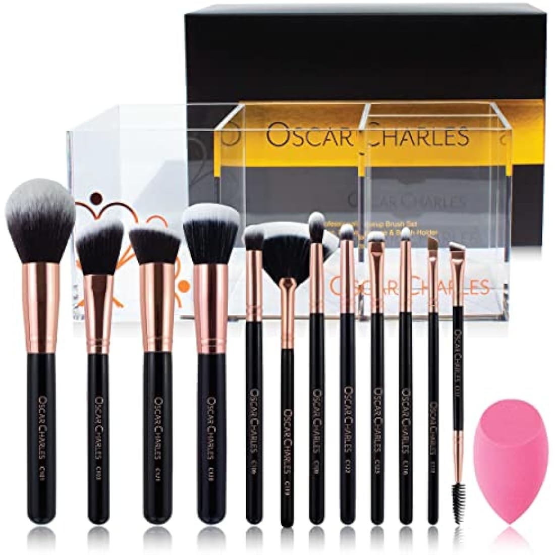 Oscar Charles Make up Brushes Set: 12 Makeup Brushes Professional Grade Fibres Including Brush Holder and Product Guide - Rose Gold