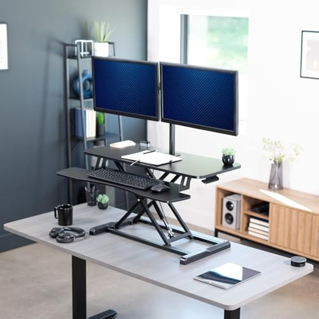 VIVO Height Adjustable 91cm Standing Desk Converter with Dual 13 to 30 inch Monitor Stand, Sit Stand Monitor Mount and Desk Riser, Black, DESK-V036K-M2