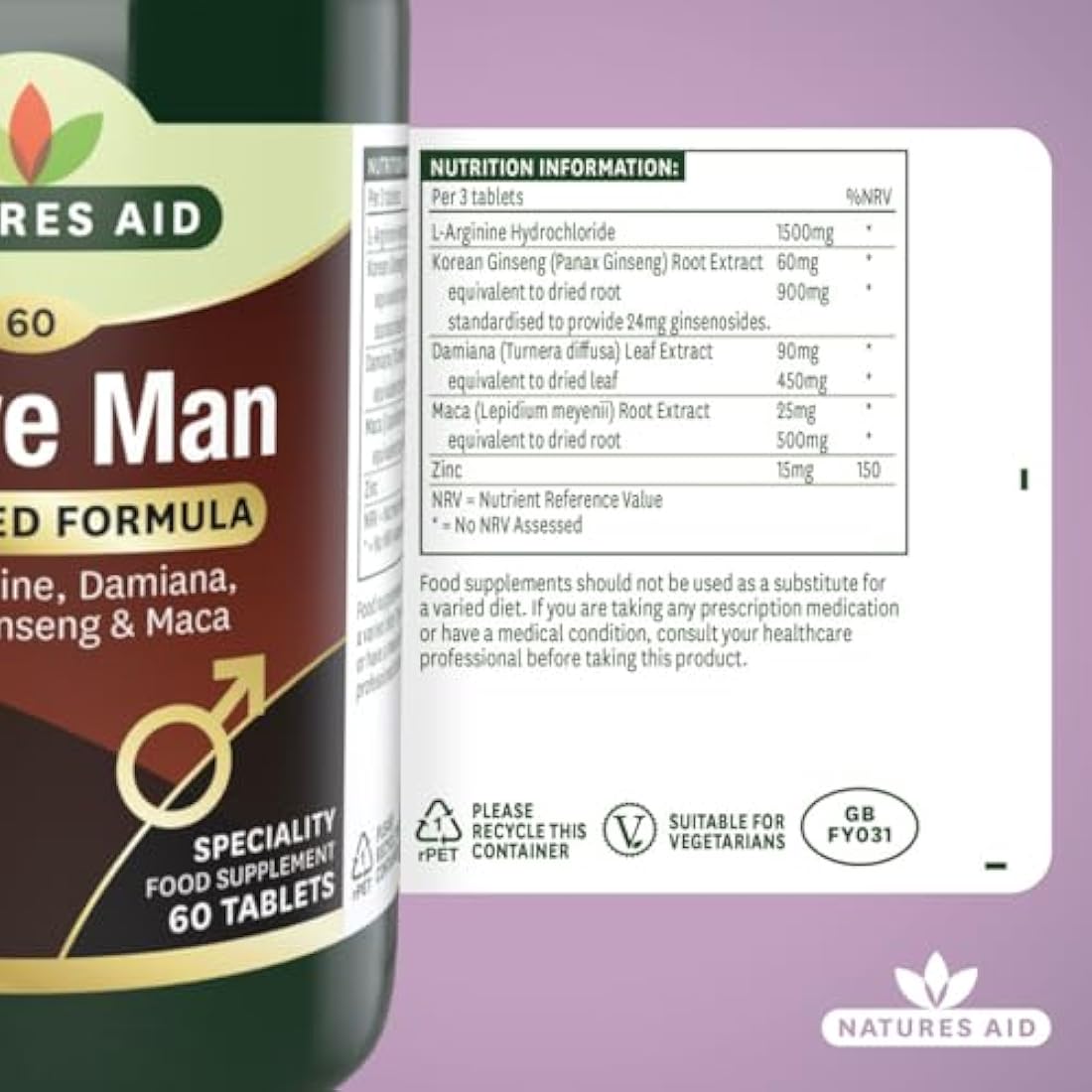 Natures Aid Active Man Tablets - High Strength Supplement with Zinc Maca Ginseng and Damiana - Supports Men’s Health Energy Vitality Immunity and Performance - Vegan Gluten Free Non-GMO - 60 Tablets